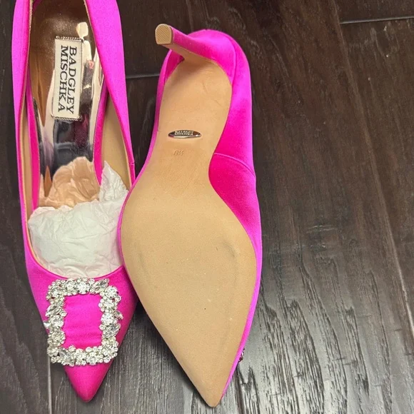 Badgley Mischka Fuchsia Heels with Rhinestone Buckle - Picture 3 of 4